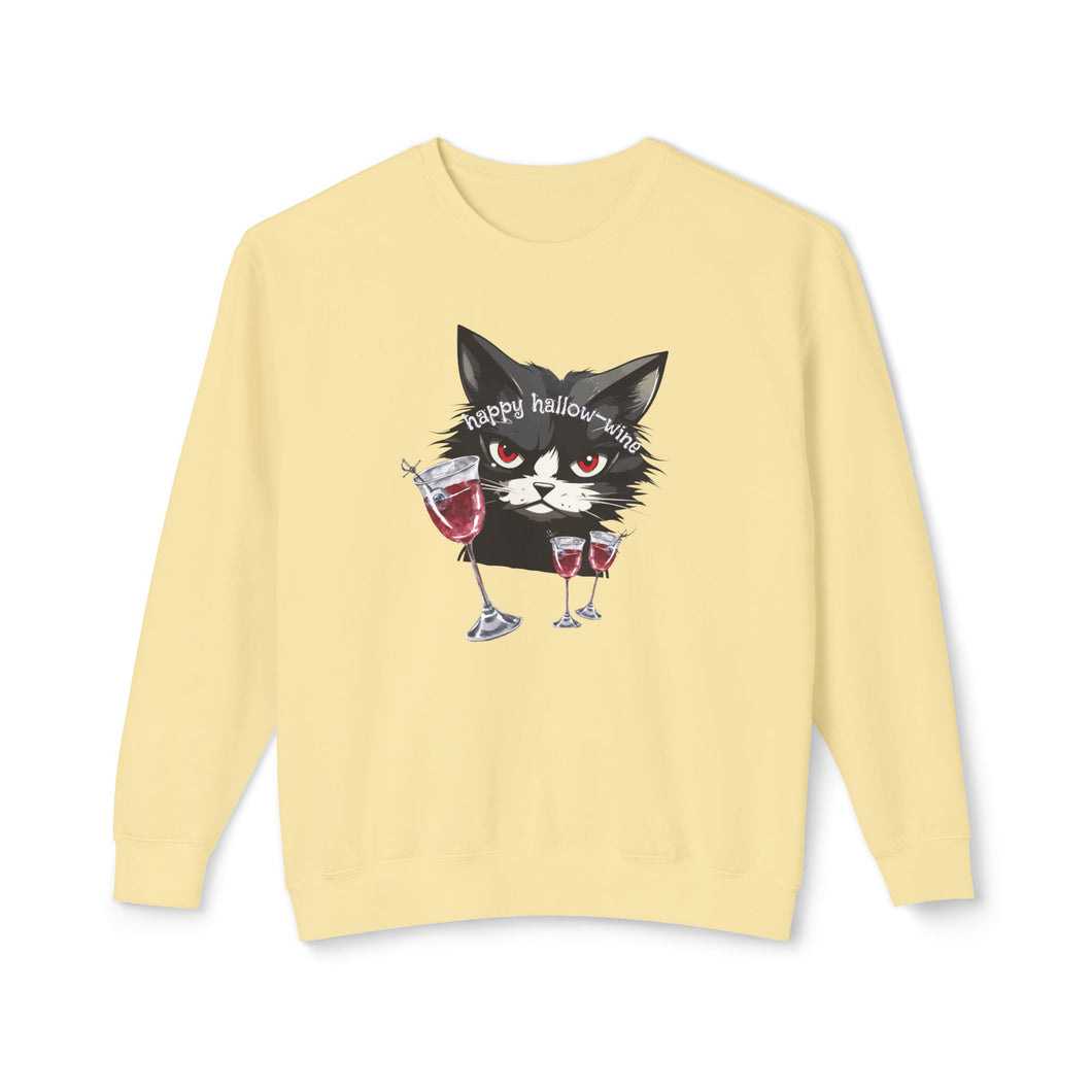 Happy Hallow Wine Cat Sweatshirt, Halloween Crewneck Jumper, Funny Fall Cat Pullover, Wine Lover Gift, Cozy Autumn Sweatshirt